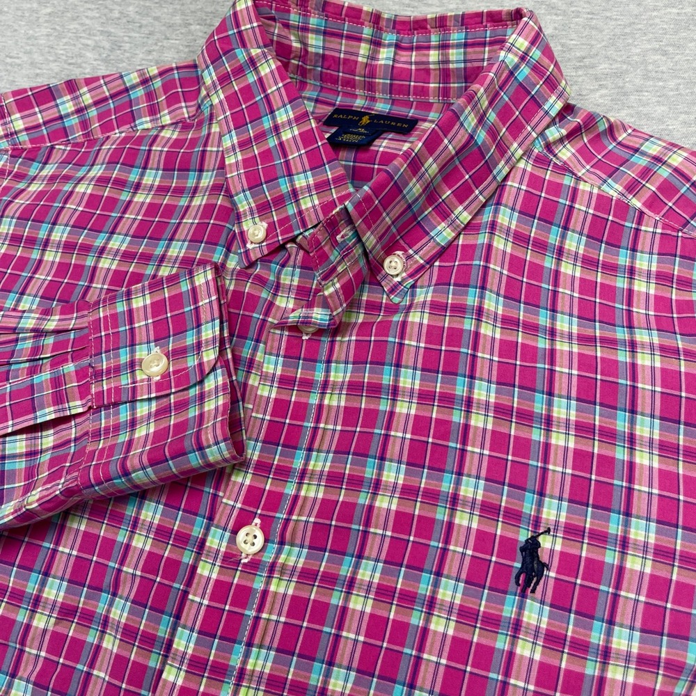 Ralph Lauren Polo Shirt Youth XL 18-20 Mens Small Pink Blue Plaid Button Down